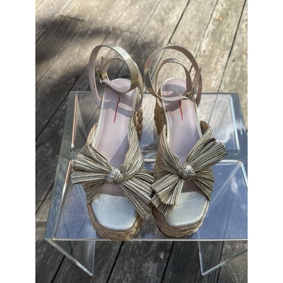 Loeffler Randall Gaby Gold Pleated Bow Espadrille Sandals Ankle Wrap Platform 7 - Picture 2 of 8